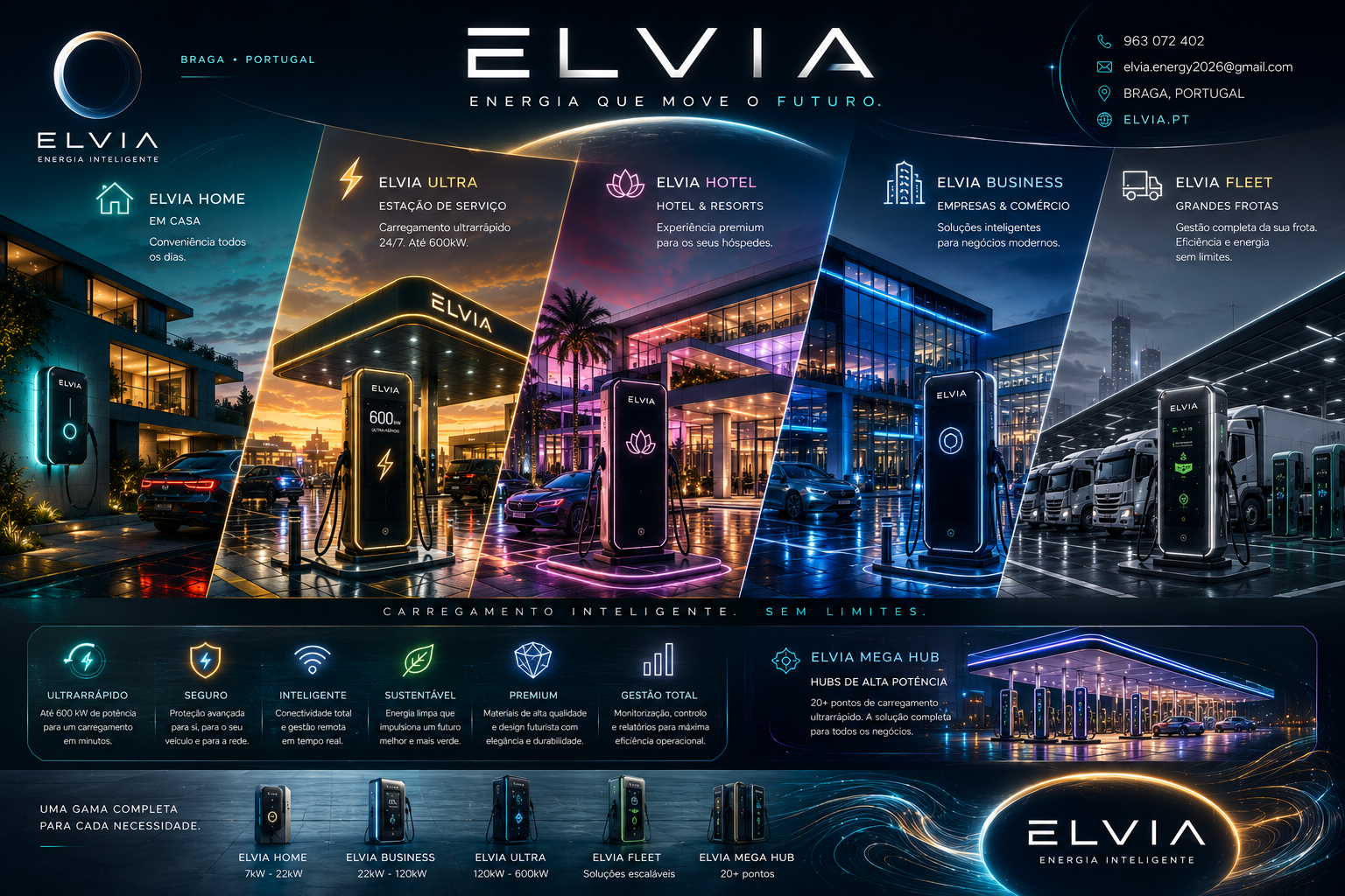 Gama ELVIA: Home 7-22 kW, Business 22-120 kW, Ultra 120-600 kW, Fleet e Mega Hub para hotéis, empresas e frotas